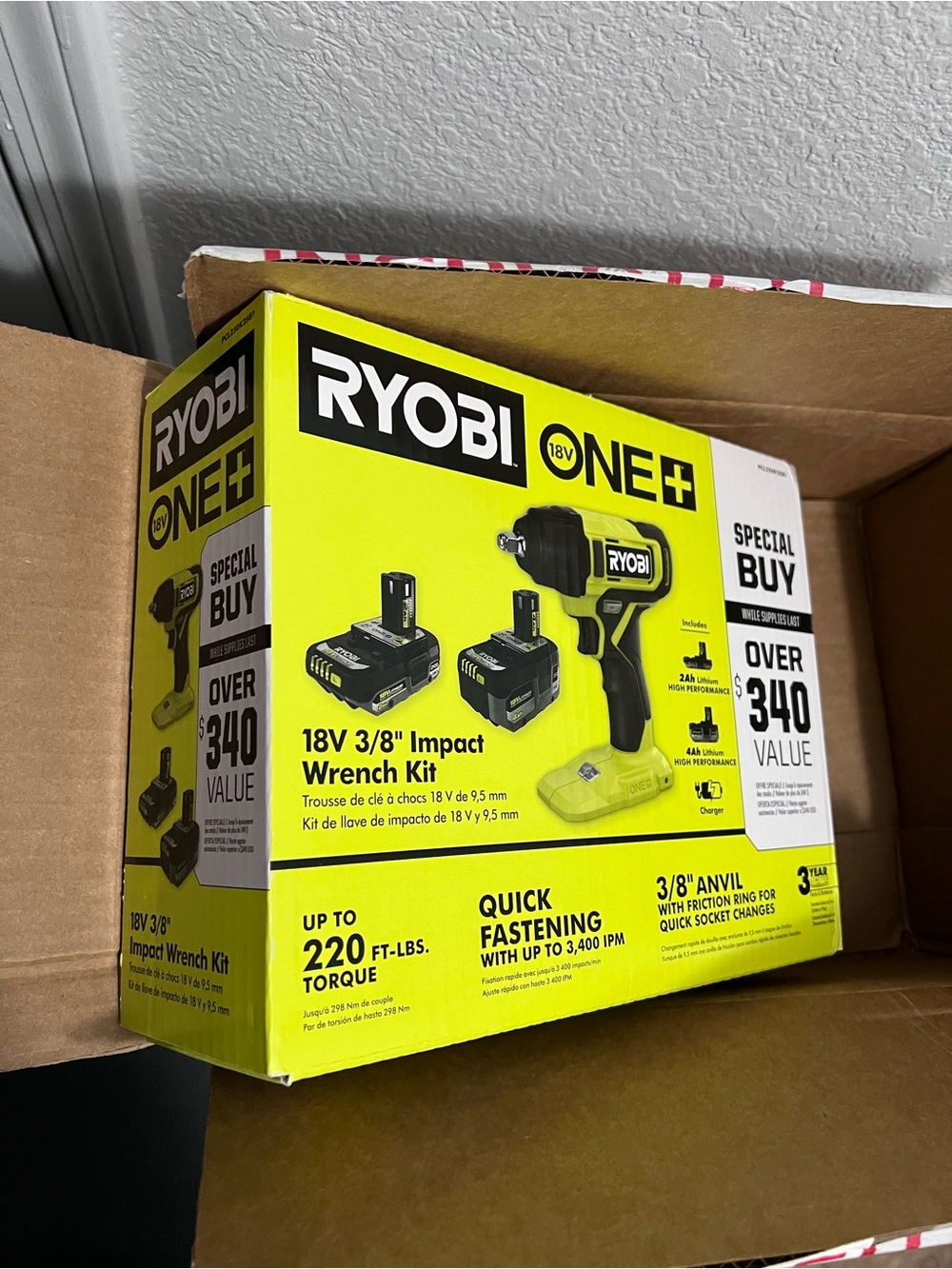 Ryobi ONE+ 18V Cordless 3/8 in. Impact Wrench Kit with (1) 4Ah Battery, (1) 2Ah